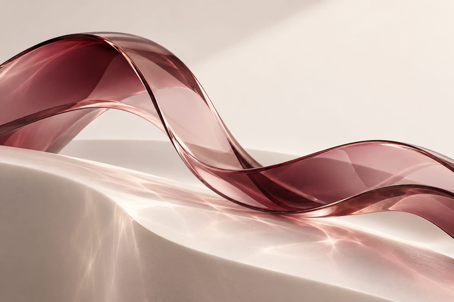 A burgundy glass ribbon resting on a softly curved ivory porcelain surface